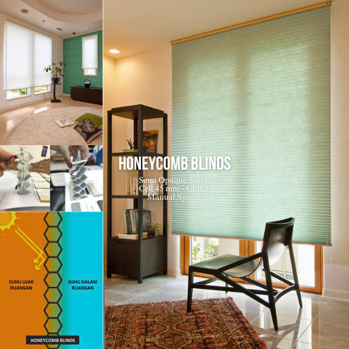 ONNA BANDUNG HONEYCOMB BLINDS (NEW PRODUCT) Honeycomb Blinds, produk blinds ONNA yang ini merupakan yang paling hemat penggunaan energinya, yaitu menghangatkan ruangan saat cuaca dingin & mendinginkan ruangan saat cuaca panas. Desain hexagonal cell  (segienam-berbentuk sarang lebah) dengan lapisan silver film menyerap energi panas cahaya sinar matahari dari luar jendela & mensirkulasikannya sehingga membuat temperatur udara di ruangan lebih stabil (mengurangi perpindahan energi panas dari radiasi cahaya & konveksi udara panas).   