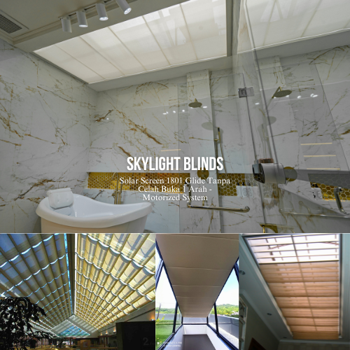 ONNA BANDUNG SKYLIGHT BLINDS Skylight Blinds adalah salah satu produk ONNA yang dikhususkan untuk penutup jendela - jendela atap (skylight windows) dan berfungsi sebagai pelindung & penahan sorotan cahaya sinar matahari pada jendela tersebut. Dengan menggunakan bahan kain yang bisa membuat cahaya matahari tidak dapat menembus sama sekali (Black Out), sebagian cahaya tembus (Solar Screen), sebagian tembus serta tahan percikan air & terpaan angin (Suntex).