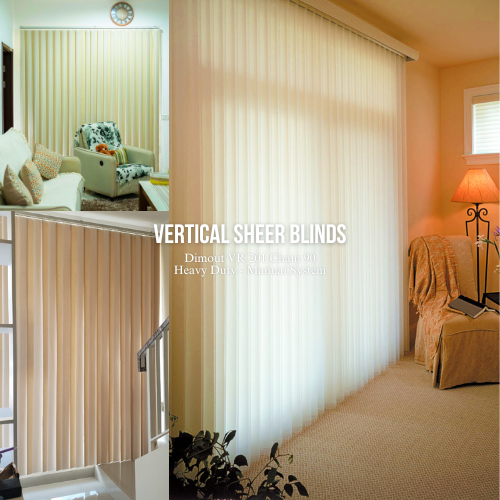 ONNA BANDUNG VERTICAL SHEER BLINDS Vertical Sheer Blinds, salah satu produk ONNA blinds yang memadukan fungsi dari Vertical Blinds (gerak & posisi fabrics blinds vertical) dengan vitrase sehingga tampak lebih halus. Tersedia dalam pilihan jenis kain dim out 100% polyester, serta beberapa pilihan warna. Untuk menambah kesempurnaan dekorasi ruangan maka anda dapat melengkapinya dengan motorized system (motor elektrik plus remote control system).