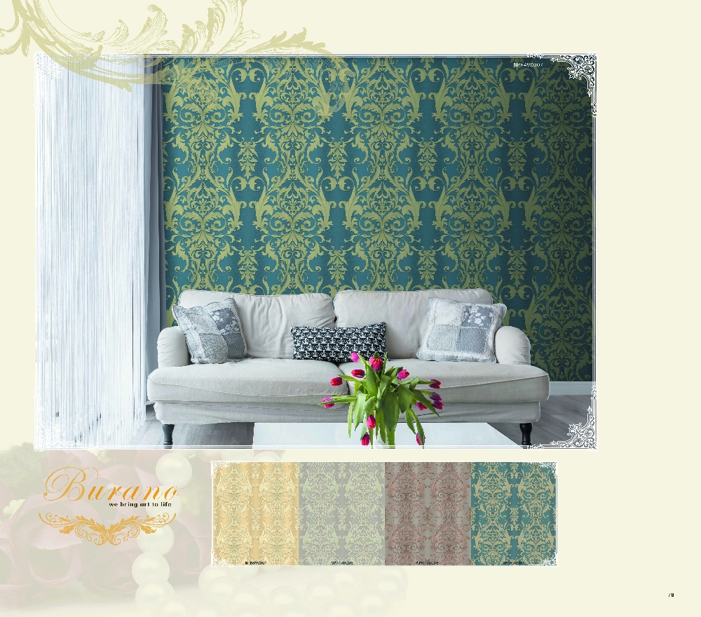ONNA BANDUNG WALLPAPER BURANO Wallpaper Onna terbuat dari kertas vinyl. Jenis wallpaper ini terdiri dari kertas cetak yang dilapisi dengan vinyl berlapis. Ini adalah jenis wallpaper yang paling umum digunakan saat ini, karena daya tahannya yang tinggi. Semakin tebal lapisan pelapis vinyl, semakin tahan lama wallpaper tersebut. Kertas vinil dapat digunakan di dapur dan kamar mandi, karena dapat menahan uap, juga bisa dicuci sehingga memudahkan perawatan. Keunggulan Wallpaper Onna adalah motif gambar & pola yang bervariasi dengan tekstur, tema gambar gaya klasik, natural, modern, artistik, colorful, dan masih banyak lagi, serta pemakaian yang tahan lama, warna tidak mudah pudar, dan berkelas.  