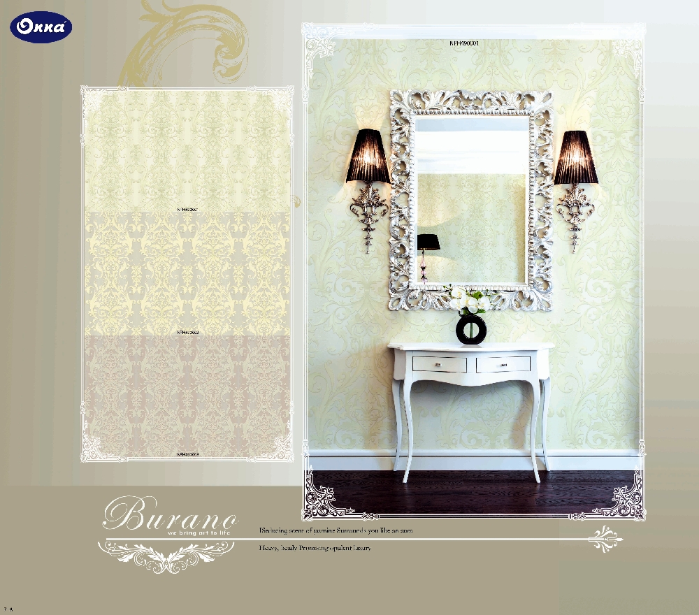 ONNA BANDUNG WALLPAPER BURANO Wallpaper Onna terbuat dari kertas vinyl. Jenis wallpaper ini terdiri dari kertas cetak yang dilapisi dengan vinyl berlapis. Ini adalah jenis wallpaper yang paling umum digunakan saat ini, karena daya tahannya yang tinggi. Semakin tebal lapisan pelapis vinyl, semakin tahan lama wallpaper tersebut. Kertas vinil dapat digunakan di dapur dan kamar mandi, karena dapat menahan uap, juga bisa dicuci sehingga memudahkan perawatan. Keunggulan Wallpaper Onna adalah motif gambar & pola yang bervariasi dengan tekstur, tema gambar gaya klasik, natural, modern, artistik, colorful, dan masih banyak lagi, serta pemakaian yang tahan lama, warna tidak mudah pudar, dan berkelas.  